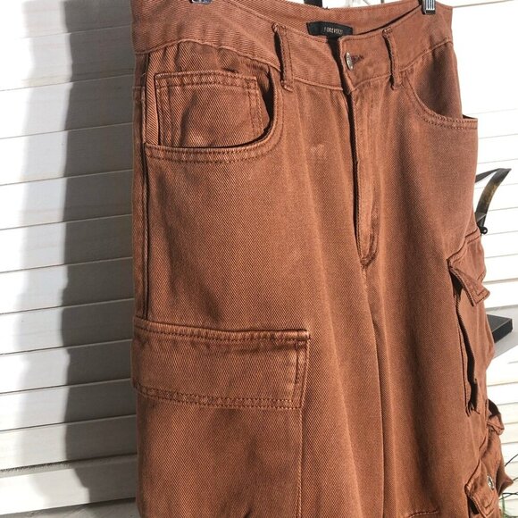 Forever 21 Brown Cargo Carpenter Wide Leg High Rise Pants - Picture 5 of 15